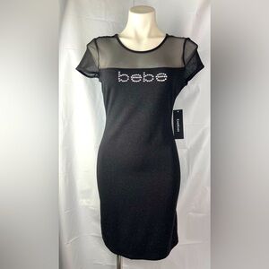 Bebe Sparkle Dress Crystal Logo Short Sleeve Mesh Stretch Round Neck Dress Sz S